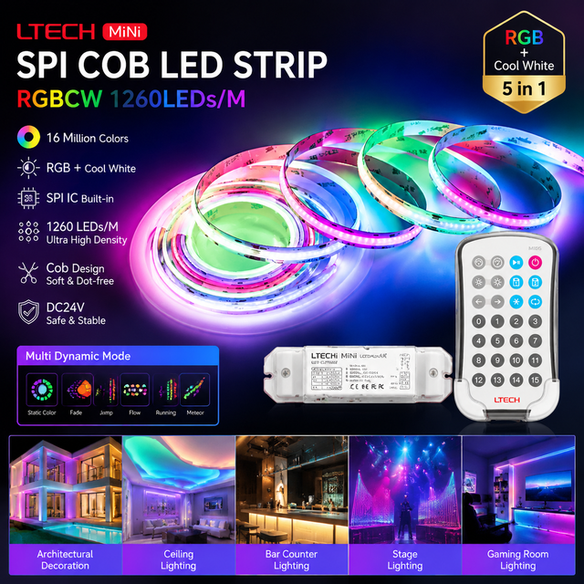 Ws2811 Spi Control Rgbic Rgbcw Cob Led Strip Dynamic Chasing Color Seamless Flexible pixel Addressable Light Tape Spi Rgbic Cob