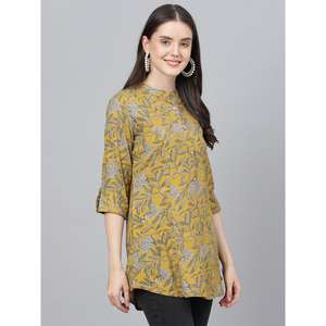 Divena Mustard Floral Imprimé Rayon A-Line Chemises Stylish Outdoor Tops - Product Image 5