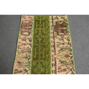 Alfombra de área turca Vintage de 2x6,5 pies, diseño clásico de retazos verde y Beige, Material de algas marinas de lana, respaldo de látex para pasillo y dormitorio - Product Image 4