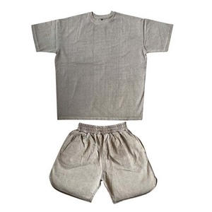 Ensemble short 2 pièces en coton High Street, ensemble de jogging teint uni, survêtement, ensemble t-shirts et shorts en coton à col rond, vêtements d'été - Product Image 1
