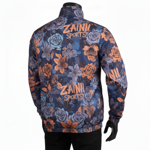 แจ็กเก็ตกันลมโพลีเอสเตอร์น้ำหนักเบาพิมพ์ลายดอกไม้สีฟ้าส้มกำหนดโลโก้ได้เอง - Product Image 4