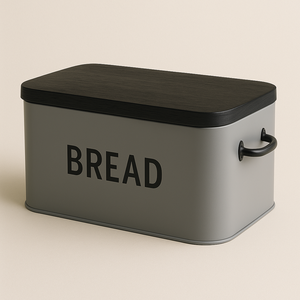Gray bread box with <b>black</b> wood lid and handles modern metal <b>kitchen</b> <b>bin</b> BREAD print countertop loaf container vintage food store - Product Image 1