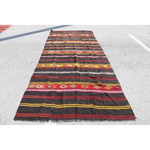 Vintage Large Rug 5.2x12.3 ft, Turkish Kilim <b>Brown</b> Moroccan <b>Wool</b> Rug - Product Image 1