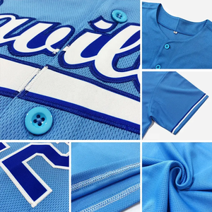 เสื้อเบสบอลสั่งทำพิเศษ สีฟ้าอ่อน แต่งขอบสีแดง ติดกระดุม ชื่อทีมและหมายเลข 00 ชุดกีฬาแบบส่วนตัว - Product Image 4