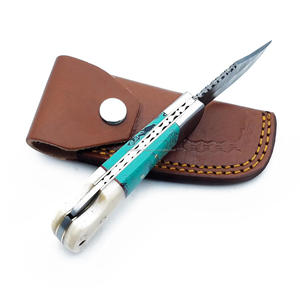 Hot Selling Damascus Steel Twist Pattern Folding <b>Knife</b> Back <b>Lock</b> Bone & Resin Handle Sheath Pocket EDC Camping OEM <b>Knife</b> - Product Image 5