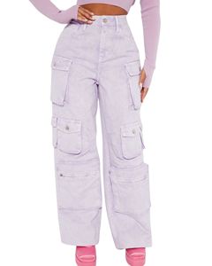Lavender <b>Wide</b> <b>Leg</b> <b>Cargo</b> Pants Women High Waist Denim Trousers With Multi Pockets Casual Streetwear Manufacturer Supply OEM - Product Image 1