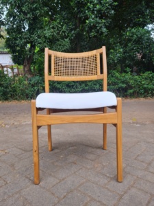Midcentury inspired teak chair with woven rattan back and <b>white</b> <b>cushion</b> seat clean lines for modern rustic interiors Villa Hotel - Product Image 3