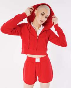 Haute qualité 100% coton polaire haut court à capuche ensemble femmes 2 pièces Shorts avec logo avant - Product Image 5