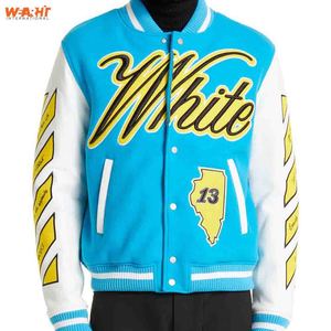 Venta al por mayor Hombres/mujeres chaqueta Varsity por encargo chaquetas Varsity de cuero real con el cuerpo de lana azul cielo chaqueta Varsity - Product Image 6