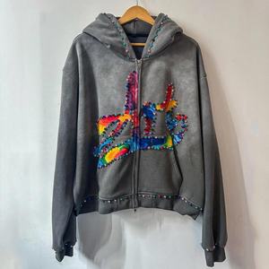 2025 Best Streetwear Gemstones Rhinestone Hoodies Acid Wash Vintage Sun Faded Dtg Print Heavyweight Hoodie Set para hombres - Product Image 4