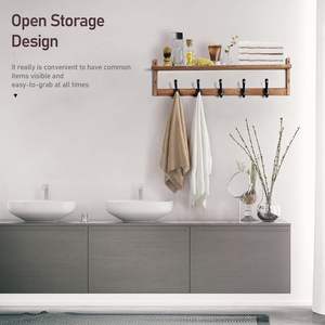 Porte-manteau mural en bois de pin avec étagère et 5 crochets, rangement pour sacs, étagère d'entrée pour chambre/salon - Product Image 5