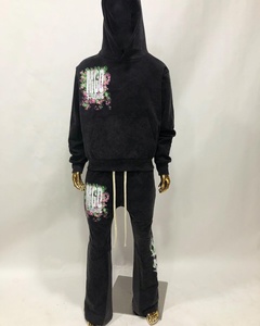 Custom thick unisex no raw hem puff print sweatsuits set men sweat suit flared stacked sweat pants sweatpants and hoodie set