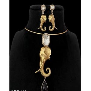 Alluring Brass Gold Plated Moissanite Royal Elephant <b>Choker</b> <b>Necklace</b> Set Earrings <b>Women</b> Designer Jewelry Wedding Party Gift - Product Image 1