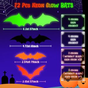 72 autocollants chauves-souris 3D néon lumineux de différentes tailles pour décorations murales DIY de fête d'Halloween - Product Image 3