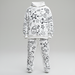 Chándal Holgado Vintage para Hombre con Lavado Ácido, Estampado de Doodle y Graffiti en Blanco y Negro, Algodón Pesado, Forro Polar Sólido con Capucha - Product Image 1