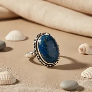 "Women's <b>Statement</b> Blue Gemstone <b>Ring</b> in 925 Silver Plating Resizable Ethnic Design" - Product Image 1