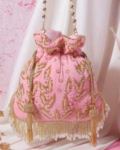 New-Stylish-Designer Wrist <b>PINK</b>-Potli Bags Crystal Glass BeadsstonePearl Dabka Embroidery Made Silk Party-Wear/Wedding 2024 - Product Image 1
