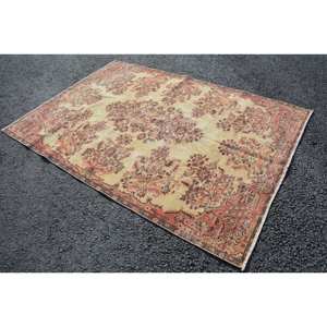 Tapis turc vintage classique Beige rouge 5.3x7.6 pieds laine patchwork grande surface avec support en latex pour couloir ou chambre à coucher - Product Image 2