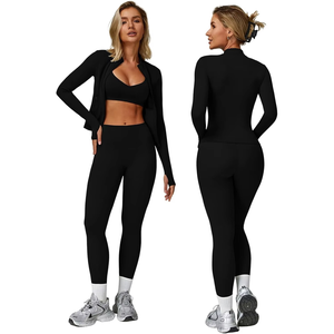 Ensemble de yoga 3 pièces pour femme avec logo frontal, respirant, en Spandex/Nylon, tenue de sport assortie pour la gym et le fitness - Product Image 1