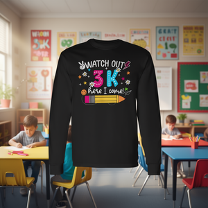 Watch Out 3K Here I Come Cute 3K Camiseta de manga larga para niños del primer día de clases - Product Image 3