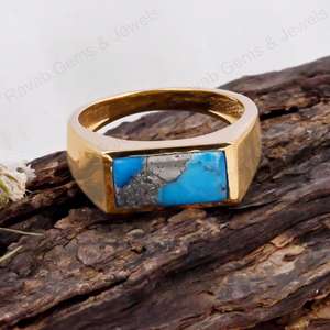 Best Selling 7x14mm Natural Pyrite <b>Turquoise</b> Gemstone Handmade 925 Silver Smooth Wedding Rectangle Vermeil Bohemian Style <b>Ring</b> - Product Image 3