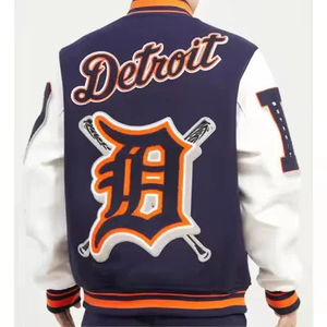 Varsity <b>Jacket</b> <b>Men's</b> Embroidered Letter Patch Design Navy <b>White</b> Cotton Polyester Zipper Front - Product Image 3