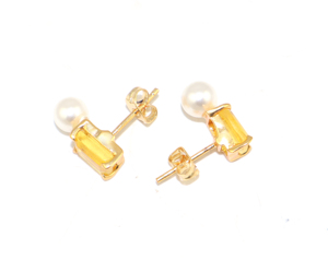 Pendientes de Botón de Oro de 22k con Citrino y Perla de Agua Dulce, Estilo Clásico, Forma Rectangular, Ligeros, de Latón, al por Mayor para Mujer - Product Image 1
