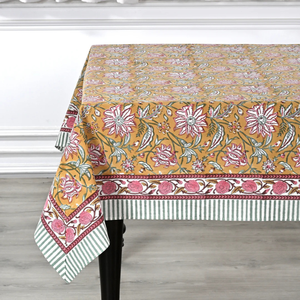 Biscotti <b>Yellow</b> Handmade Indian Floral Block Printed Cotton <b>Tablecloth</b> Modern Style Cover for Farmhouse Wedding Events - Product Image 3