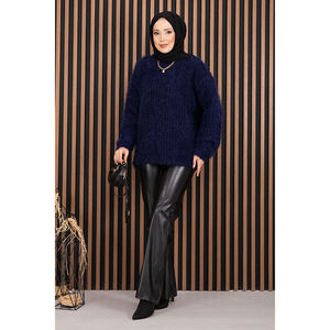 Suéter Azul Marino de Punto Texturizado Suave para Mujer, Transpirable, Estilo Casual de Invierno, con Estampado de Dibujos Animados Bordados - Product Image 3