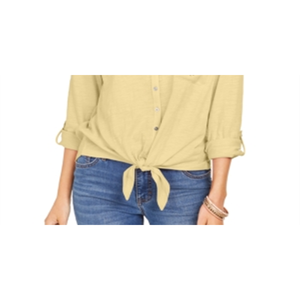 Camicetta da Donna Style & Co Gialla Taglia XS con Tasca Traforata e Laccio Frontale in Tessuto Popeline, Colletto a Risvolto, Design Retrò Vintage per Primavera/Estate - Product Image 3