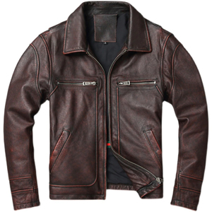 Chaqueta de Cuero de Oveja Marrón para Hombre de Alta Calidad - Cuero Genuino con Cuello Alto y Bordado Ecológico - Product Image 1