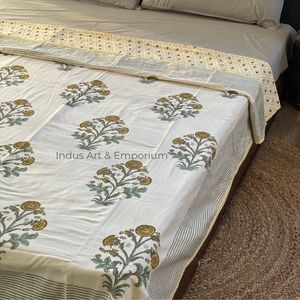 Algodón suave amarillo impreso dohar mano bloque impresión Boho jaipuri manta doble Dohar - Product Image 1