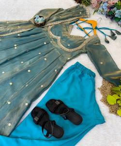 DESIGNER FENDY SATIN RAMBO SEQUENCE EMBROIDERY WORK GOWN BOTTOM DUPATTA WEDDING WEAR WHOLESALE PRICE ETHNIC GARMENT SKY COTTON - Product Image 6