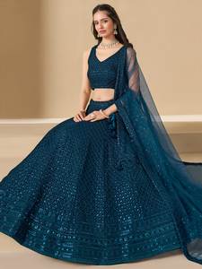 Elegante Lehenga Choli de Georgette de Poliéster Azul, Largo hasta el Suelo, de Secado Rápido, con Bordado de Lentejuelas Resham, para Bodas y Fiestas - Product Image 5