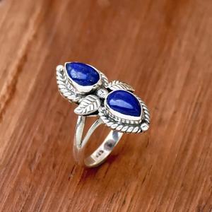 Bague Lapis Lazuli en argent sterling 925 forme de poire conception de feuille filigrane bande fendue bague inspirée de la nature cadeau pour elle - Product Image 4