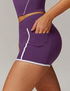 ชุดโยคะขาสั้นสำหรับผู้หญิง ระบายอากาศได้ดี แห้งเร็ว ลายเรียบ พร้อมเข็มขัดลูกไม้ด้านหน้า คุณภาพสูง ไซส์ใหญ่ จำนวนมาก - Product Image 6