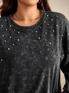 Sudadera de cuello redondo con diamantes de imitación para mujer, Jersey de algodón polar, suave, transpirable, cálido, ropa de calle de gran tamaño, moda Vintage, lavado ácido - Product Image 4