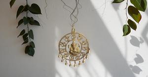 Golden Brass Om Ganesha Wall Hanging Idol with Small Bells Vertical Pattern <b>Mandir</b> Wall Decor for Door for Diwali Gift - Product Image 2