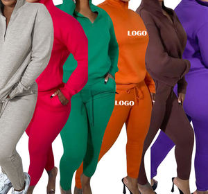 Conjunto de chándal Atlético transpirable de invierno para mujer, chaquetas y pantalones activos con capucha y cremallera completa, chándal de talla grande con estampado sólido - Product Image 2