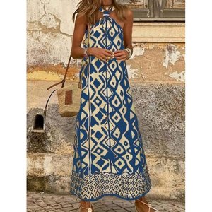 Robe longue Supreme à épaules dénudées et bretelles halter pour femme, motif imprimé, 37191 - Bleu - Product Image 2