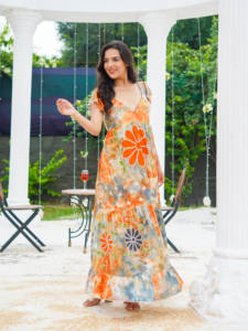 Robe midi bohème blanc-vert ombré à manches bouffantes, brodée, imprimée numériquement, tenue d'été fluide pour les vacances - Product Image 3