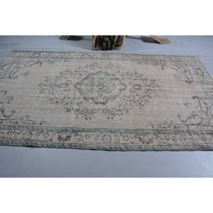 Tapis turc vintage Beige bleu 5.2x9.4 pieds en laine tissée à plat avec motif patchwork pour décorations de salon ou utilisation dans le couloir - Product Image 3