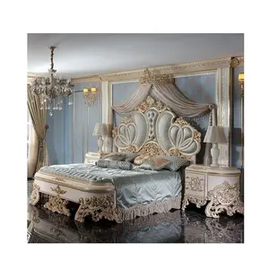奢华家庭皮革封面巨大床头板木雕木框镀金皇家风格古典设计特大双人床