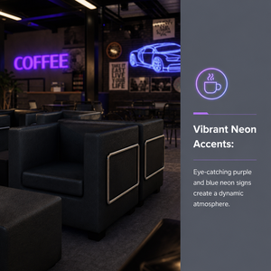 Meubles de café automobiles complets avec banquette industrielle sombre, canapé lounge modulaire et enseigne néon pour salon de lavage de voitures - Product Image 3
