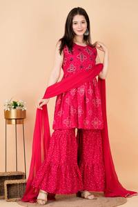 Magnifique Kurti en rayonne à motif peplum rose avec ensemble Sharara et Dupatta pour femmes et filles, Kurti brodé Palazzo - Product Image 5