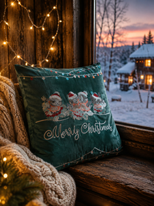 Housse de coussin en velours brodée Joyeux Noël blanche – Oiseaux d'hiver - Product Image 2