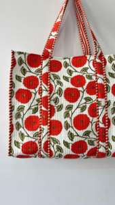 Bolso de mano Reversible de algodón acolchado grande suave naranja Floral estampado a mano bohemio Diseño Artesanal Abierto diario moda playa comestibles - Product Image 5