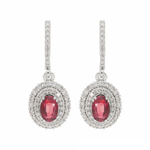 14K Yellow Gold <b>Drop</b> Hoop <b>Earrings</b> with Natural Blue <b>Sapphire</b> and Pave-Set Diamonds in Double Halo Vintage-Inspired Design - Product Image 3