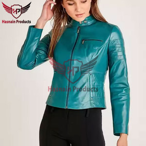 Womens Real Teal Leather Biker Jacket Stand Collar <b>Quilted</b> Sleeve Sheepskin Coat Zip Pockets Slim Fit Custom Outwear New Look - Product Image 5