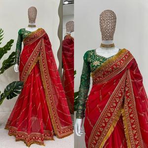 Elegant Indian Bollywood Stylish Fancy saree Soft Georgette <b>Fabric</b> Exclusive sari Blouse Fancy Ethnic wear Latest Trendy Blouse - Product Image 1